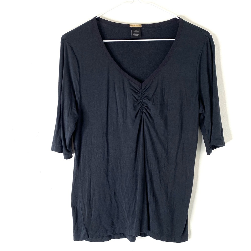 Magaschoni Black V Neck Ruched Front Cropped Sleeve Top Stretch Knit